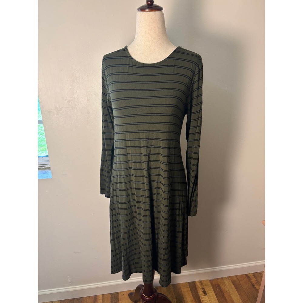 Old Navy Olive Green Striped Swing Dress Medium Long Sleeve Casual
